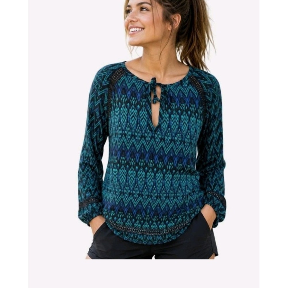 Prana Tacana Peasant Boho Print Top Size Tie Neck Crochet Details Long Sleeve S